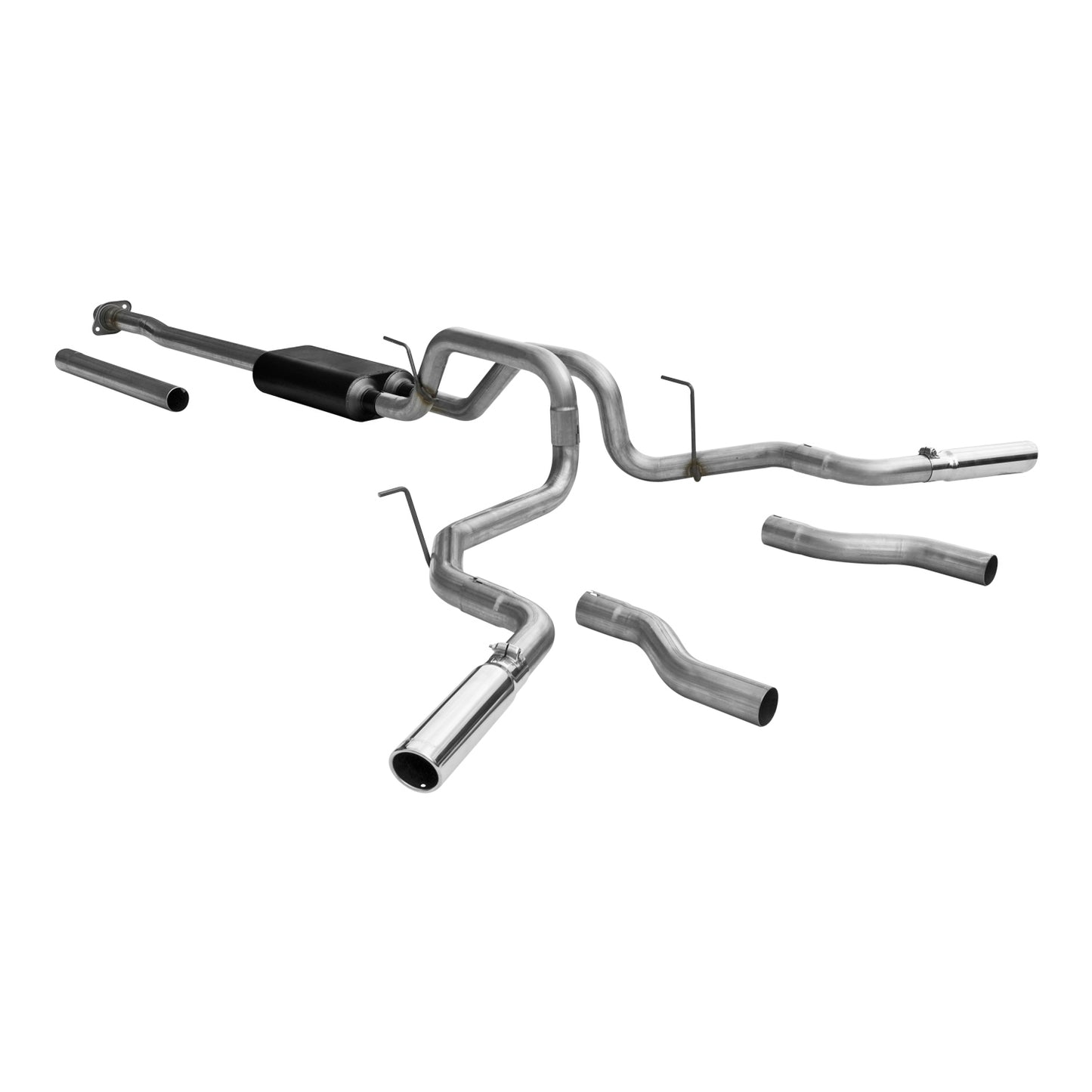 Flowmaster Force II Cat-back Exhaust System Kit showing polished stainless steel pipes and muffler for enhanced vehicle performance.