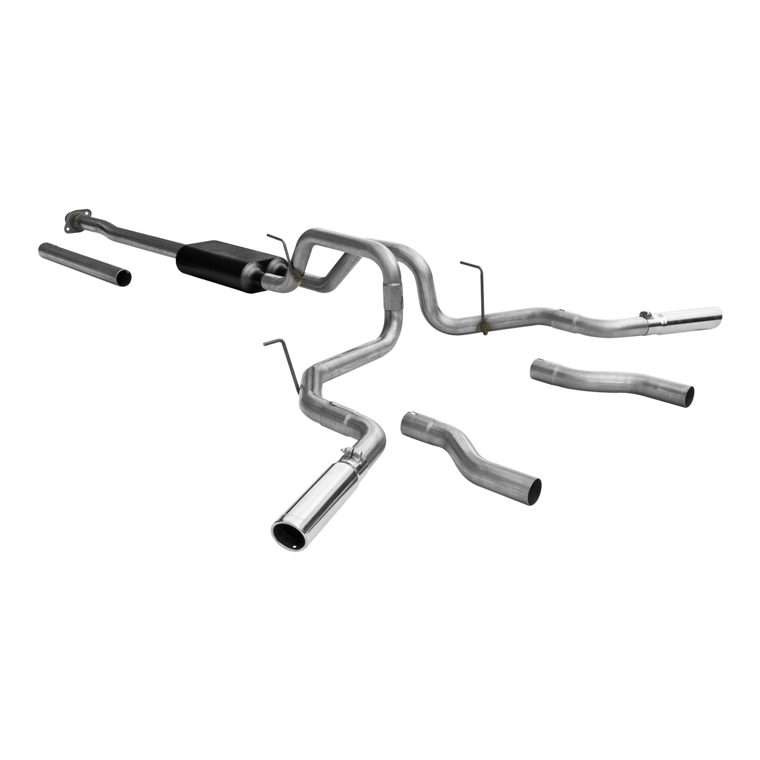 Flowmaster Force II Cat-back Exhaust System Kit showing polished stainless steel pipes and muffler for enhanced vehicle performance.