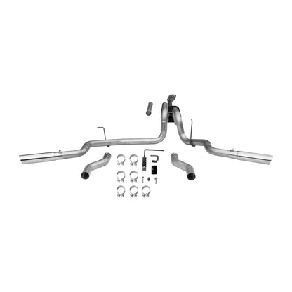 Flowmaster Force II cat-back exhaust system kit installed on a vehicle, showcasing the stainless steel pipes and muffler.