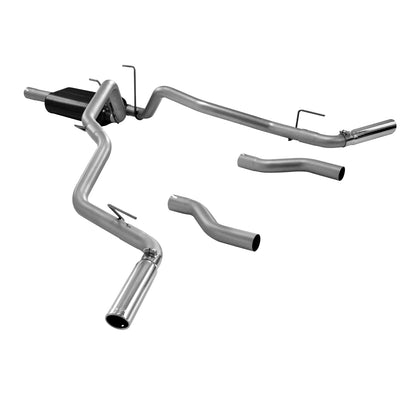 Flowmaster American Thunder cat-back exhaust system kit with polished stainless steel pipes and dual exhaust tips.
