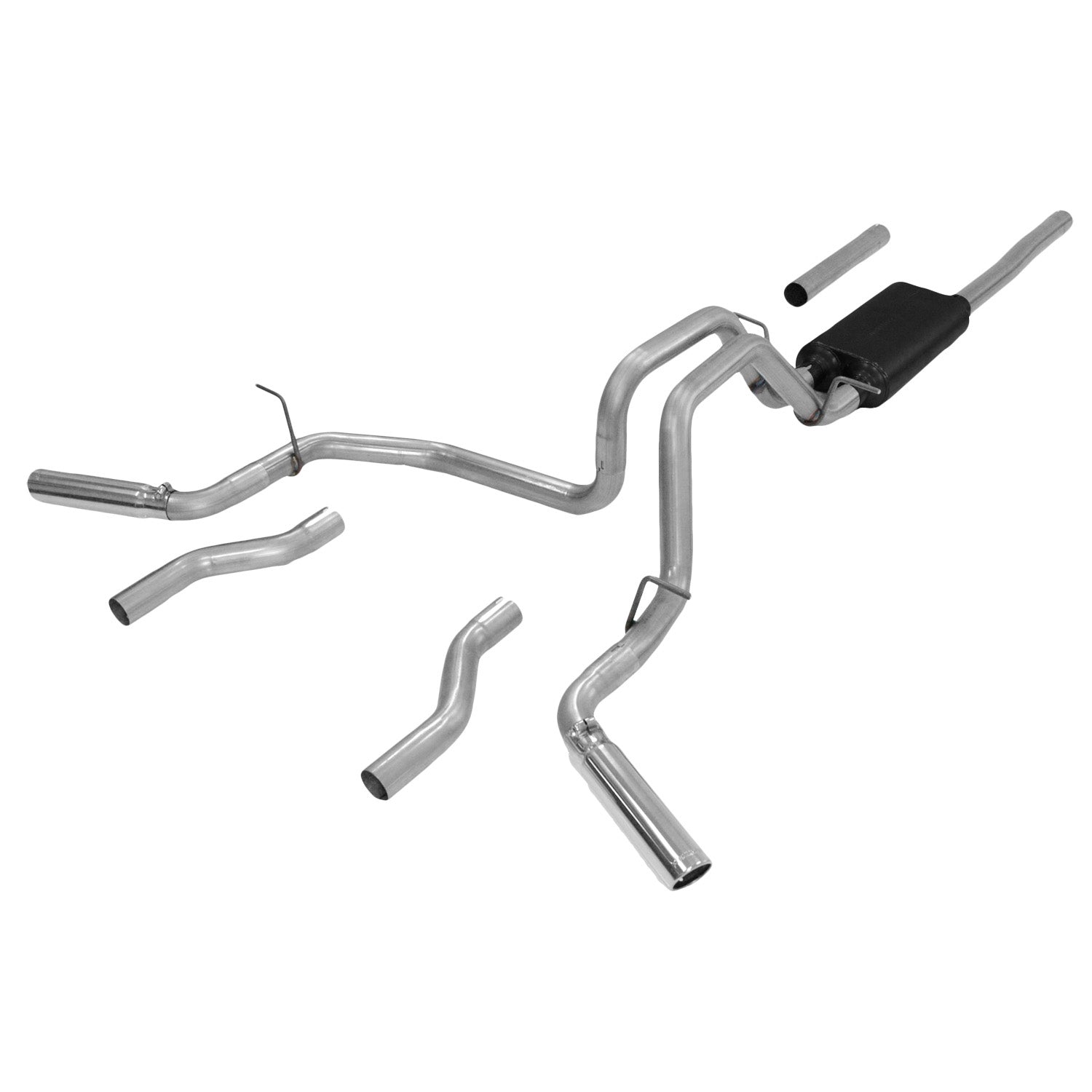 Flowmaster Force II Cat-back Exhaust System Kit showing polished stainless steel pipes and muffler on a vehicle.