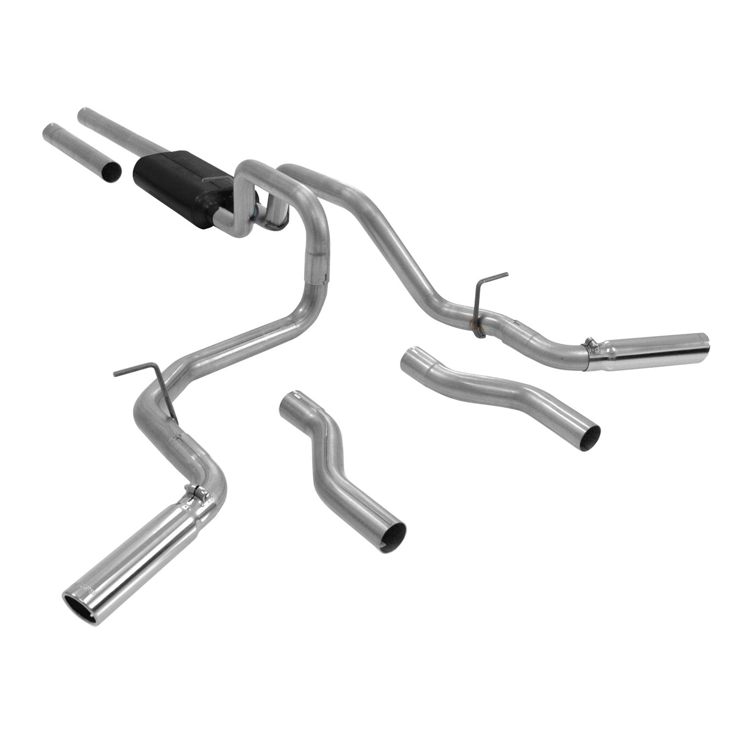 Flowmaster Force II cat-back exhaust system kit installed on a vehicle, showcasing the stainless steel pipes and muffler.