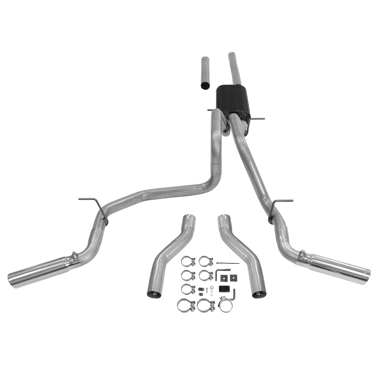 Flowmaster Force II cat-back exhaust system kit installed on a vehicle, showcasing the stainless steel muffler and piping.