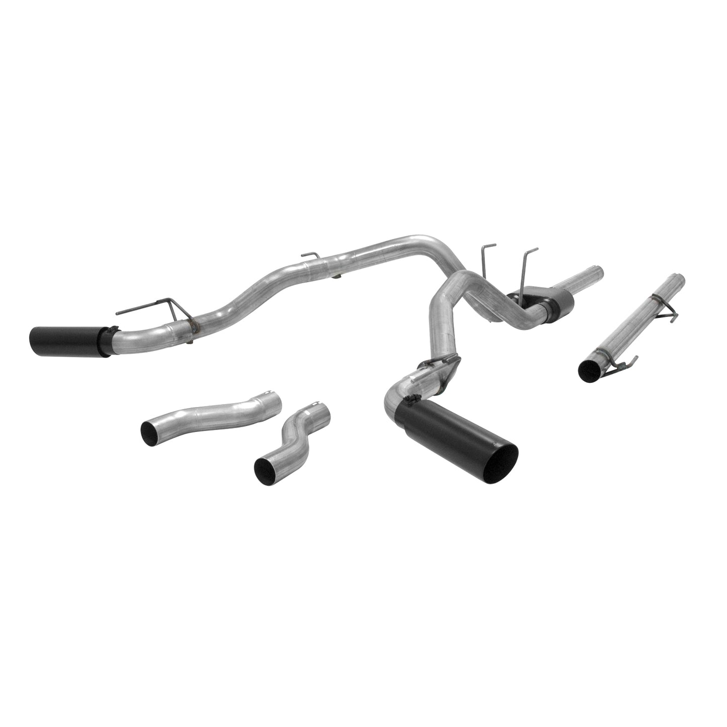 Flowmaster Outlaw cat-back exhaust system kit with polished stainless steel pipes and mufflers for high-performance vehicle sound.