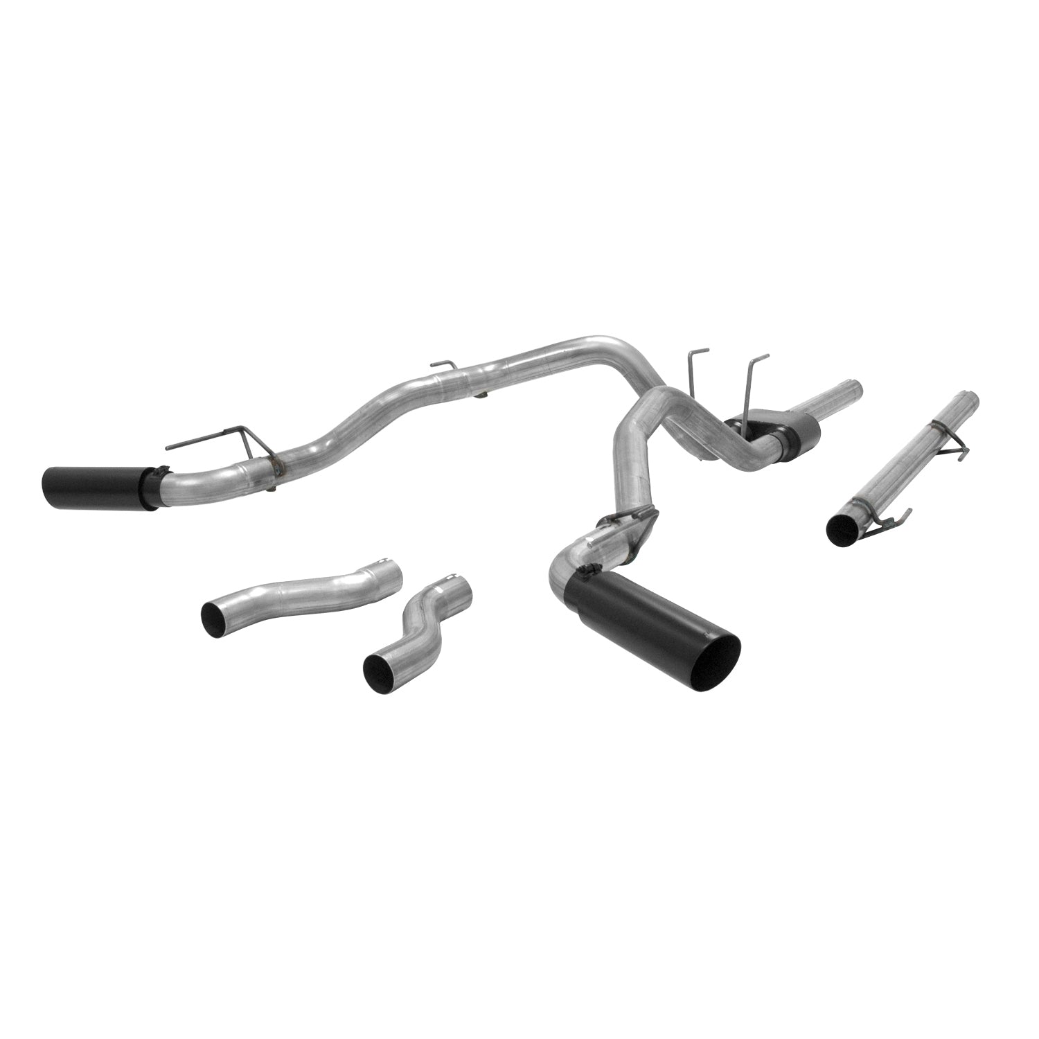 Flowmaster Outlaw cat-back exhaust system kit with polished stainless steel pipes and mufflers for high-performance vehicle sound.