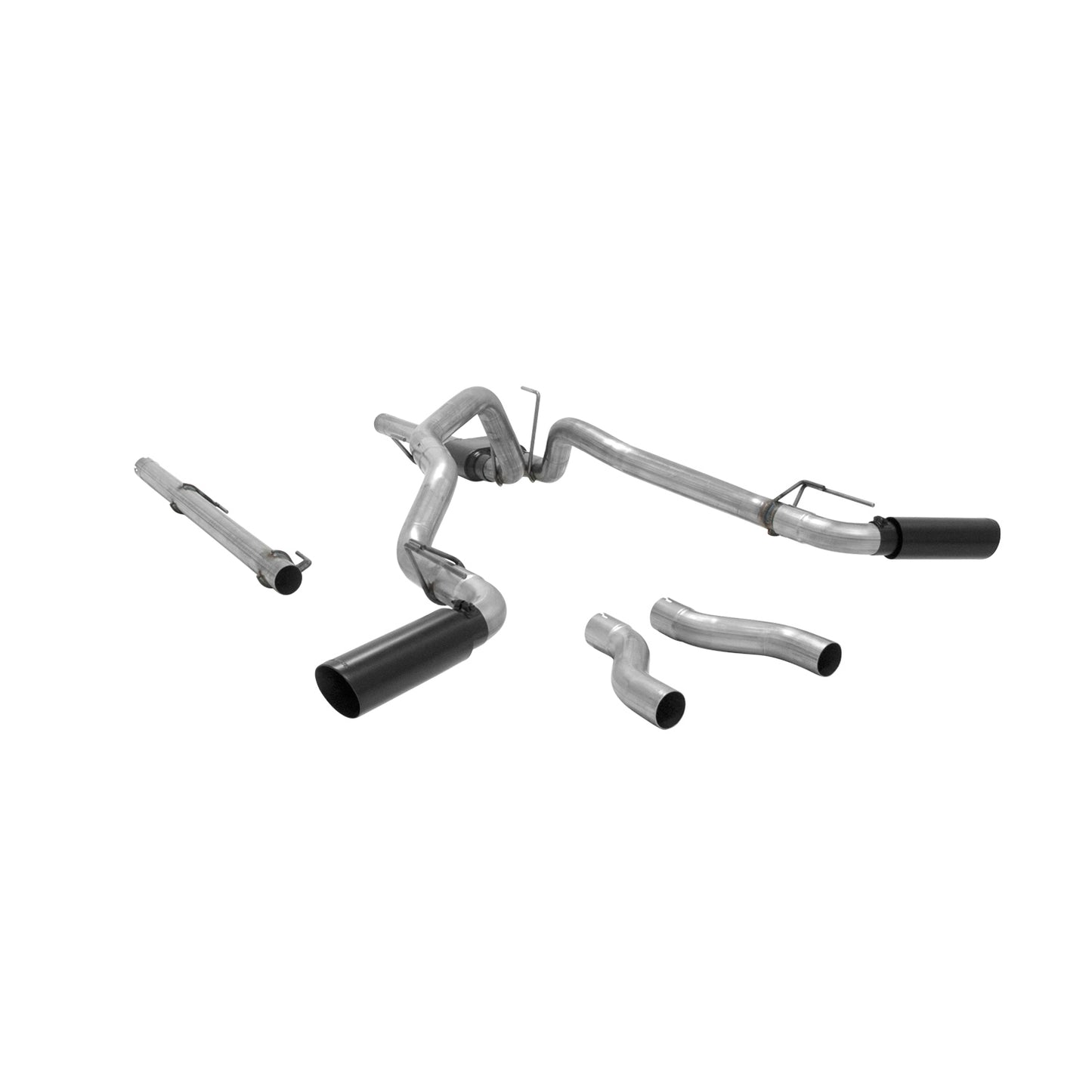 Flowmaster Outlaw cat-back exhaust system kit with polished stainless steel pipes and dual exhaust tips.