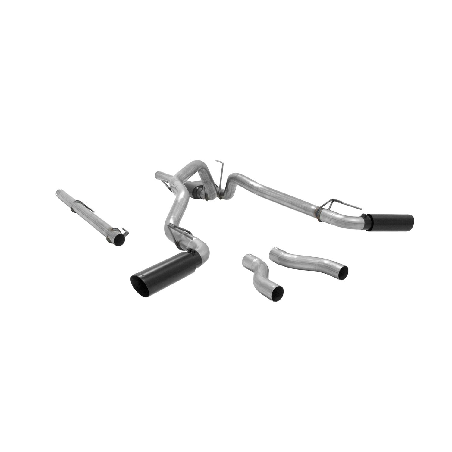 Flowmaster Outlaw cat-back exhaust system kit with polished stainless steel pipes and dual exhaust tips.