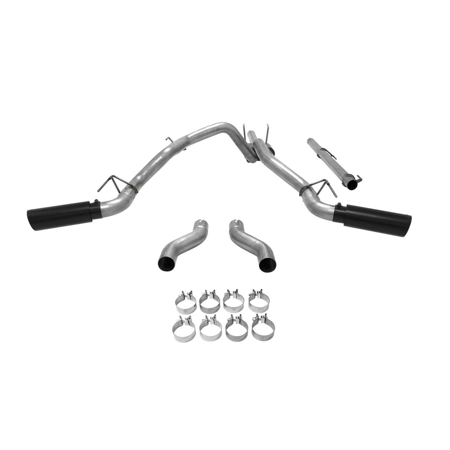 Flowmaster Outlaw cat-back exhaust system kit installed on a vehicle, showcasing polished stainless steel pipes and muffler components.