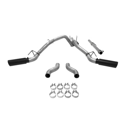 Flowmaster Outlaw cat-back exhaust system kit installed on a vehicle, showcasing polished stainless steel pipes and muffler components.