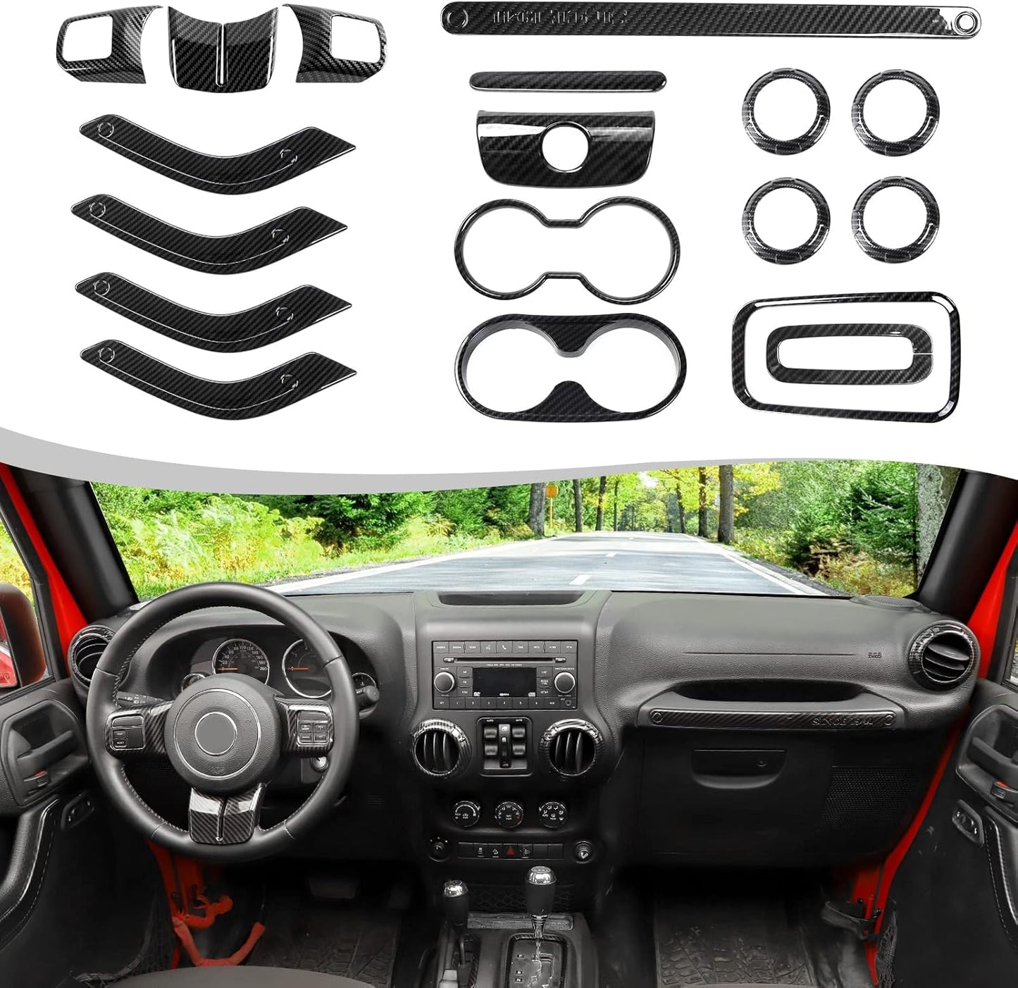 4X4WAVERS Full Set Interior Dashboard Decoration Trim Kit - 18pcs - Jeep Wrangler JK/JKU 2011-2018 - 4X4 WAVERS