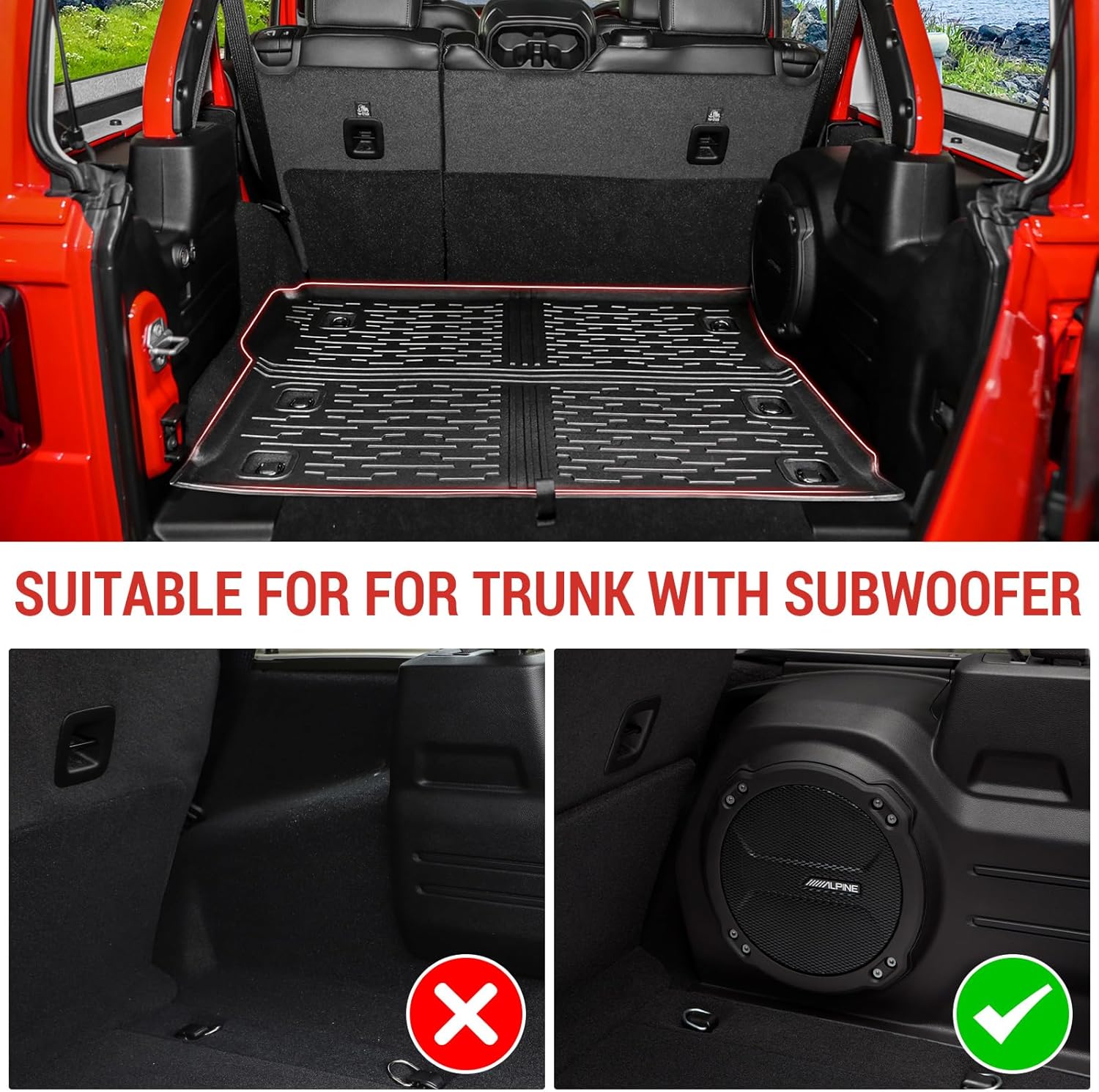 OFFactory 3D Cargo Mat | All-Weather Guard Trunk Floor Mat Cargo Liners Heavy Duty Waterproof Odorless Durable - Jeep Wrangler JLU 2018+ (with subwoof