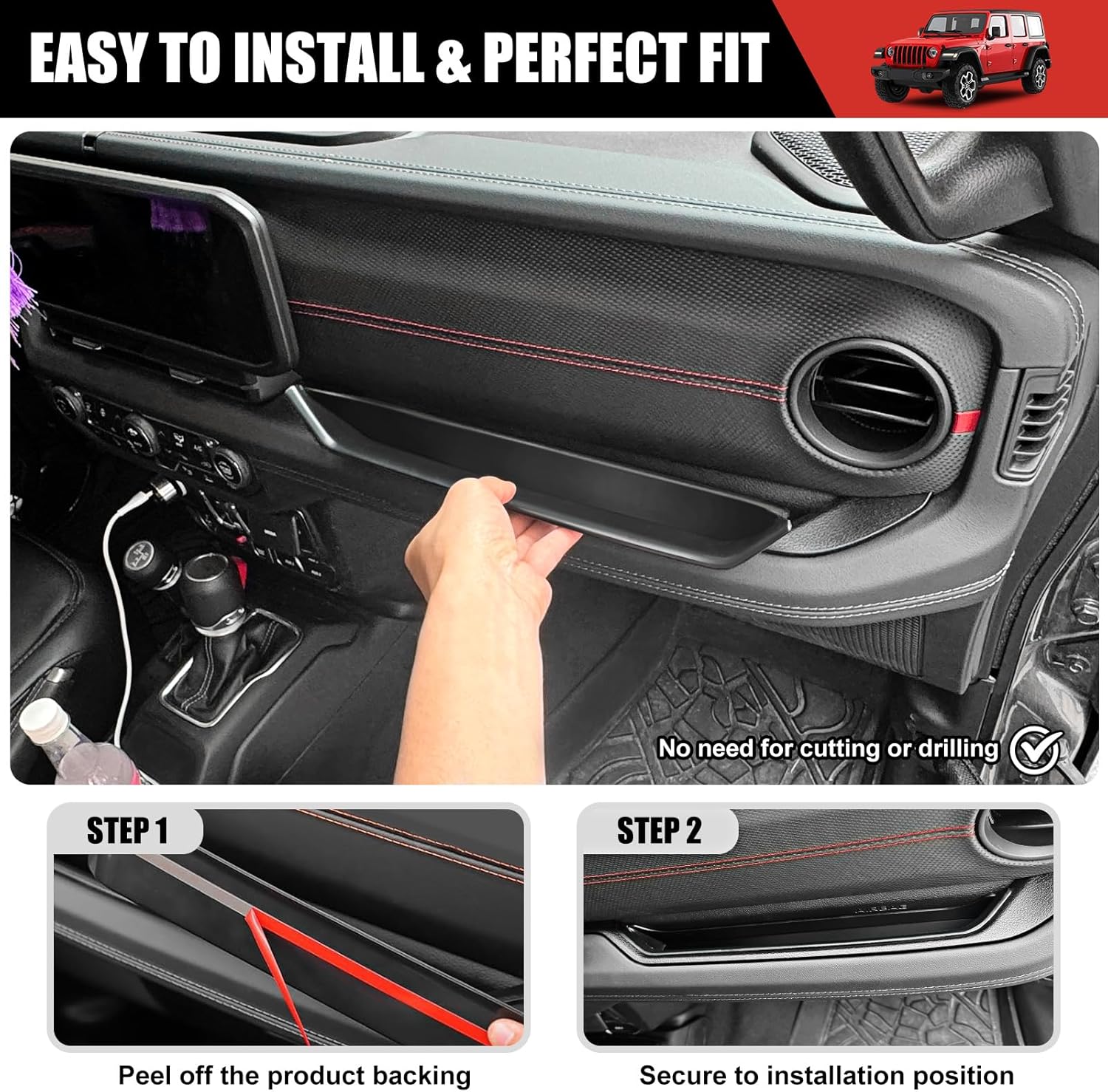 4X4WAVERS Passenger Side Grab Bar Tray - Storage Tray Organizer Grab Handle Box - Jeep Wrangler & Gladiator JL/JLU/4XE/JT 2024+ - 4X4 WAVERS