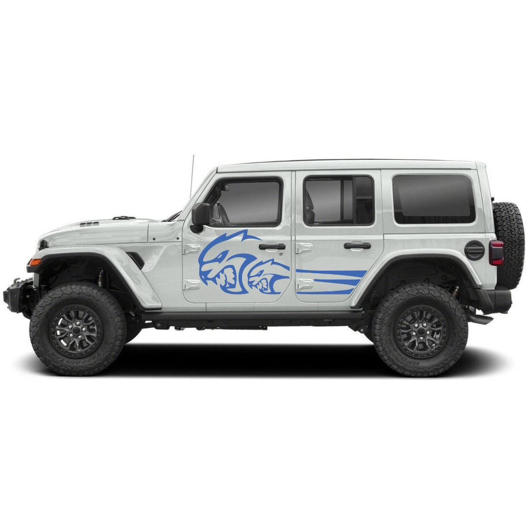 Savage Cat Side Decal Kit – Cut Avery Vinyl (Black/Blue/Grey/Red/White) for Wrangler JL/JLU/JK/JKU/4xe & Gladiator JT – Pair, Pre-Masked