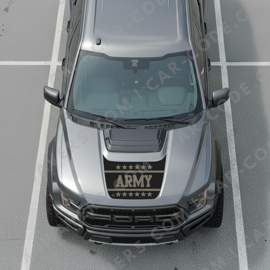 Panneau de capot Ford F-150 Raptor – Bannière style MIL « ARMY » (Tan/Bleu acier/Rose poussière/Vert ranger/Gris loup) – 2017–2025 – Vinyle découpé mat imprimé 3M ou Avery