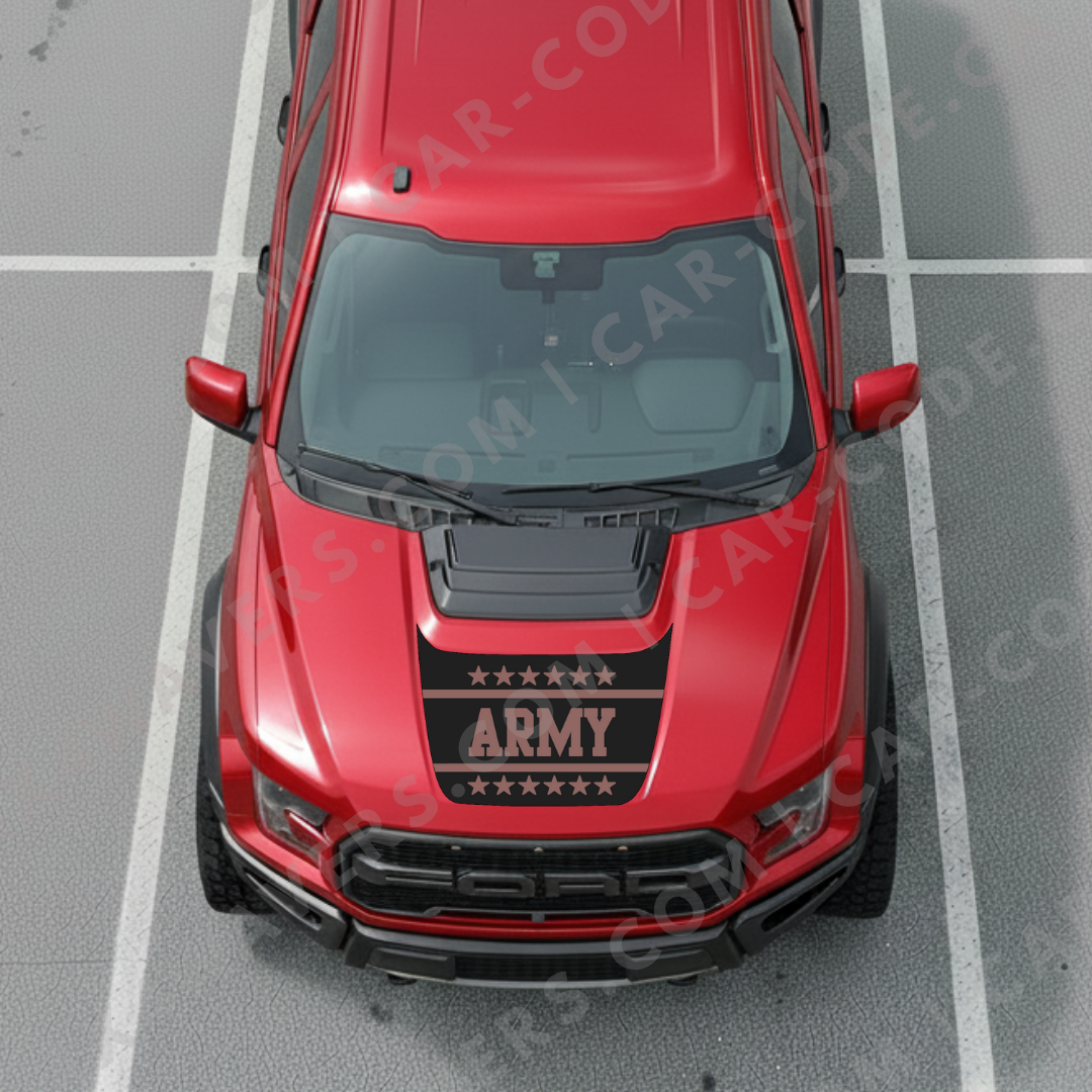 Panneau de capot Ford F-150 Raptor – Bannière style MIL « ARMY » (Tan/Bleu acier/Rose poussière/Vert ranger/Gris loup) – 2017–2025 – Vinyle découpé mat imprimé 3M ou Avery
