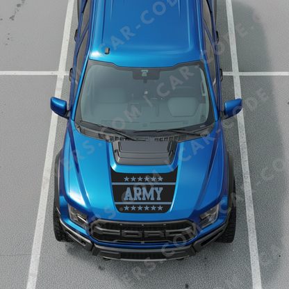 Panneau de capot Ford F-150 Raptor – Bannière style MIL « ARMY » (Tan/Bleu acier/Rose poussière/Vert ranger/Gris loup) – 2017–2025 – Vinyle découpé mat imprimé 3M ou Avery