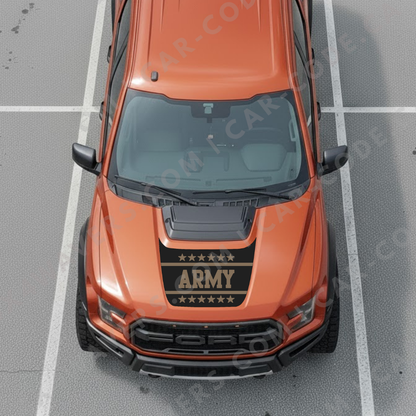 Panneau de capot Ford F-150 Raptor – Bannière style MIL « ARMY » (Tan/Bleu acier/Rose poussière/Vert ranger/Gris loup) – 2017–2025 – Vinyle découpé mat imprimé 3M ou Avery