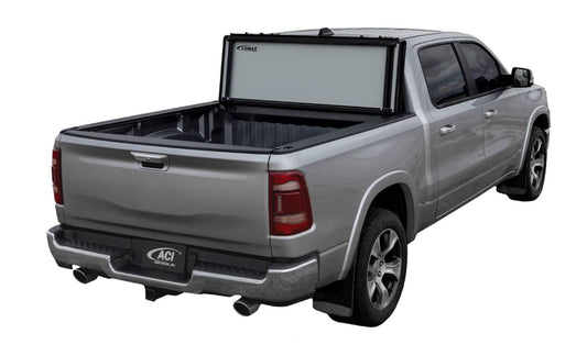 A white LOMAX Stance Hard Folding Tonneau Cover on a 2020-2026 Jeep Gladiator 5ft bed without trail rail, shown folded open.