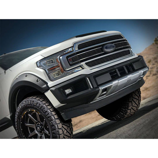Air Design SuperBolt fender flares for 2018-2020 Ford F-150, durable black aluminum with bolt accents, enhancing truck's rugged look.
