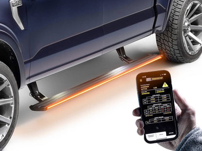 AMP Research PowerStep Vision 22-24 GM 1500/2024 GM HD Crew steps, with open metal steps and black side panels.