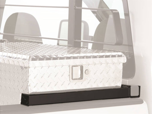 RealTruck Backrack headache rack with toolbox installation hardware for Ford F-150 2015-2026, shown with mounting components.