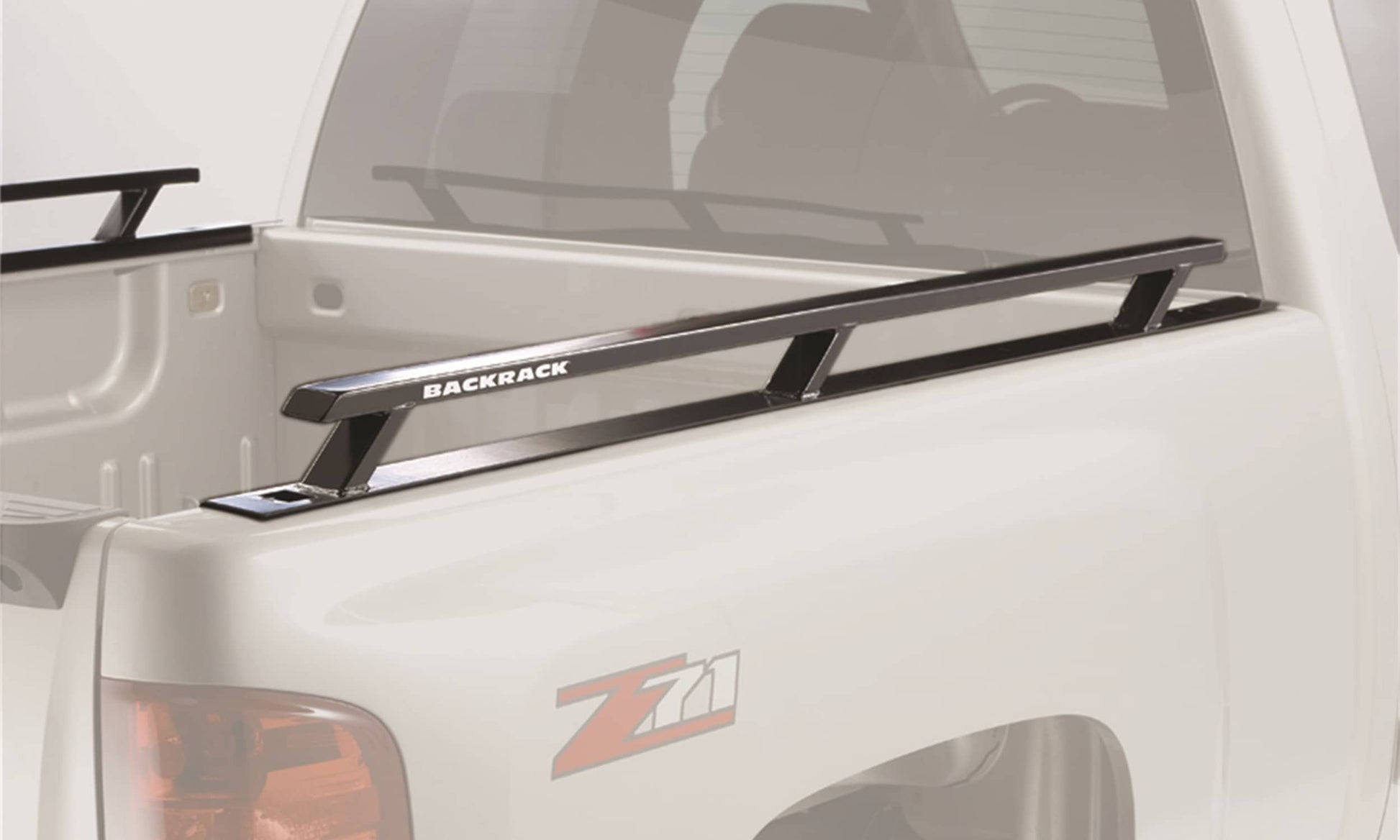 Headache rack for 2019-2026 Chevy Silverado 1500 6'7" bed, RealTruck Backrack Siderails, durable steel construction.