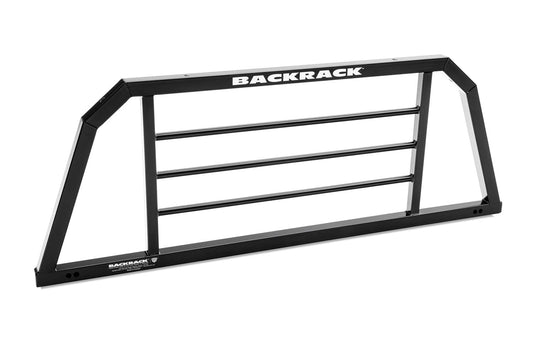 Headache rack from RealTruck Backrack SRX series with metal frame and mounting hardware for truck truck bed protection.
