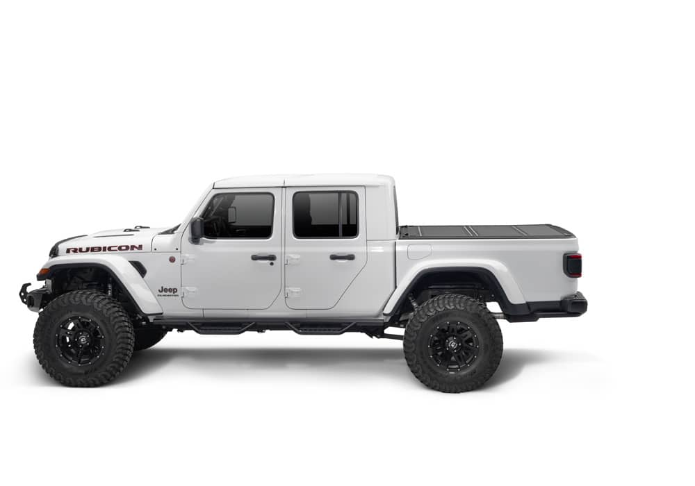 BAK MX4 hard folding tonneau cover for Jeep Gladiator 5ft bed in matte aluminum with tailgate lock system and 400lb capacity