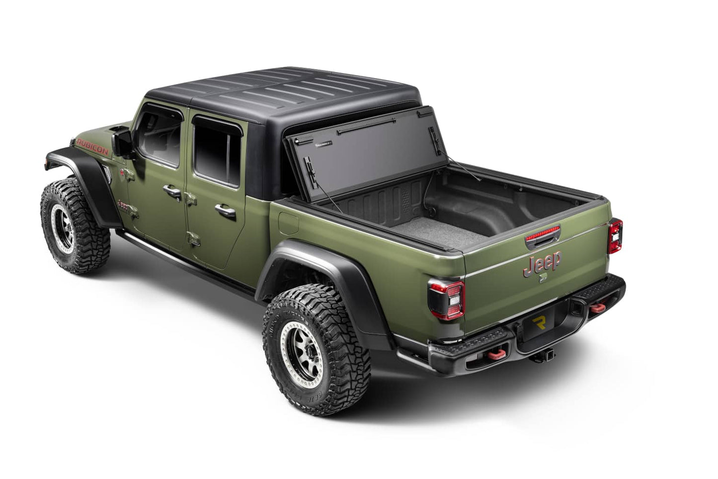 Heavy-duty BAKFlip MX4 TS hard folding tonneau cover on a Jeep Gladiator 5ft bed, made of aluminum with T-slot rails and 400lb capacity.