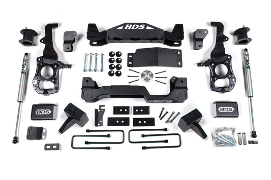 BDS Suspension 4-inch lift kit with Fox 2.0 shocks for Ford F150 4WD, showing components and installation details.