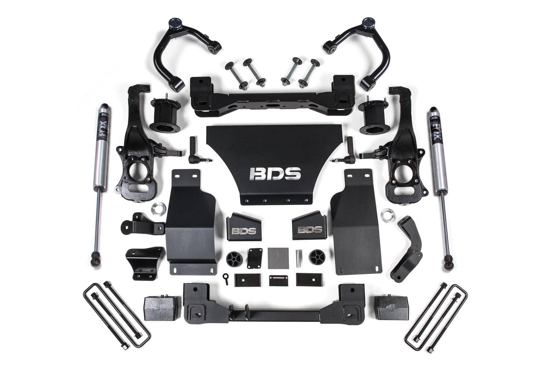 BDS Suspension 4-inch lift kit for 2019-2024 Chevy Silverado 1500 trucks, showing lifted truck with off-road tires and suspension components.
