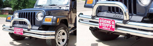 Blue Ox BASEPLATE 97-12 Wrangler tow bar mounted on vehicle with attachment points visible and reinforced steel construction.
