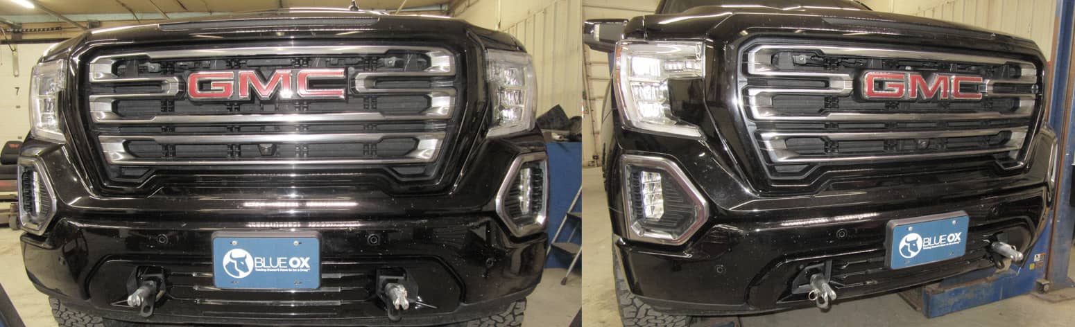 Blue Ox tow bar baseplate for 2019-2026 GMC 1500 trucks, sturdy metal construction with mounting points for towing accessories.