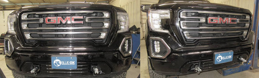 Blue Ox tow bar baseplate for 2019-2026 GMC 1500 trucks, sturdy metal construction with mounting points for towing accessories.