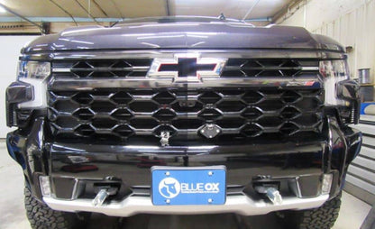 Blue Ox baseplate for 2022-2026 Chevy Silverado 1500 ZR2 tow bar installation, shown on vehicle front.