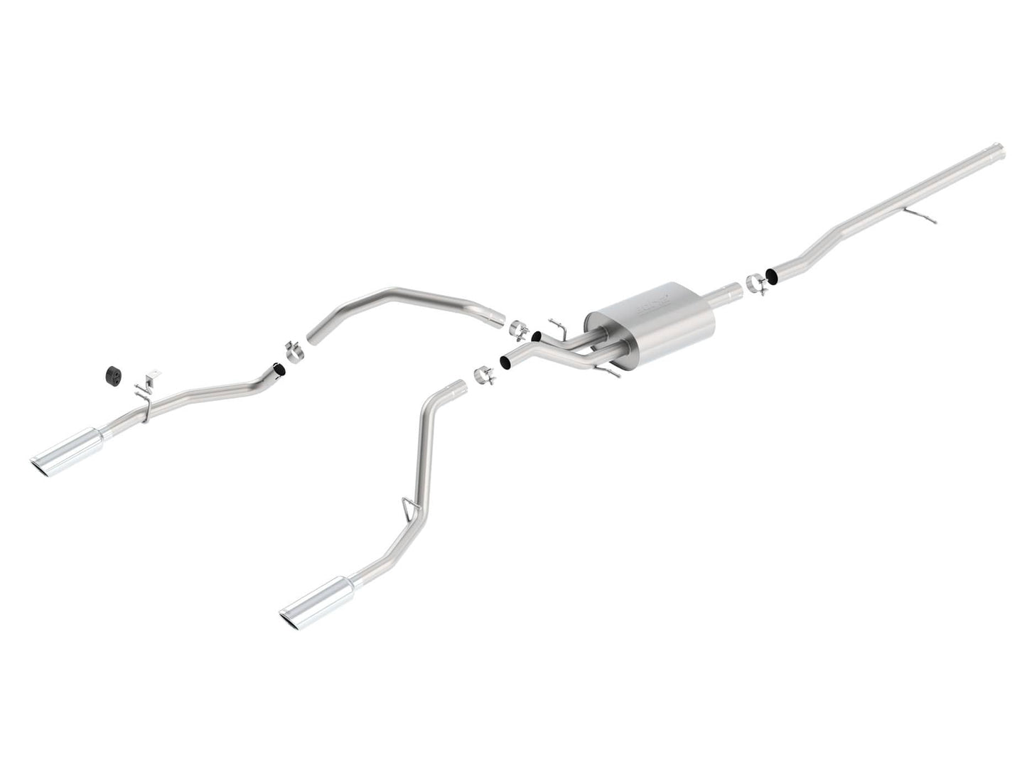 Borla exhaust system for 2014-2018 GM 1500 Extended/Crews 5.3L truck, showing polished metal pipes and muffler components.