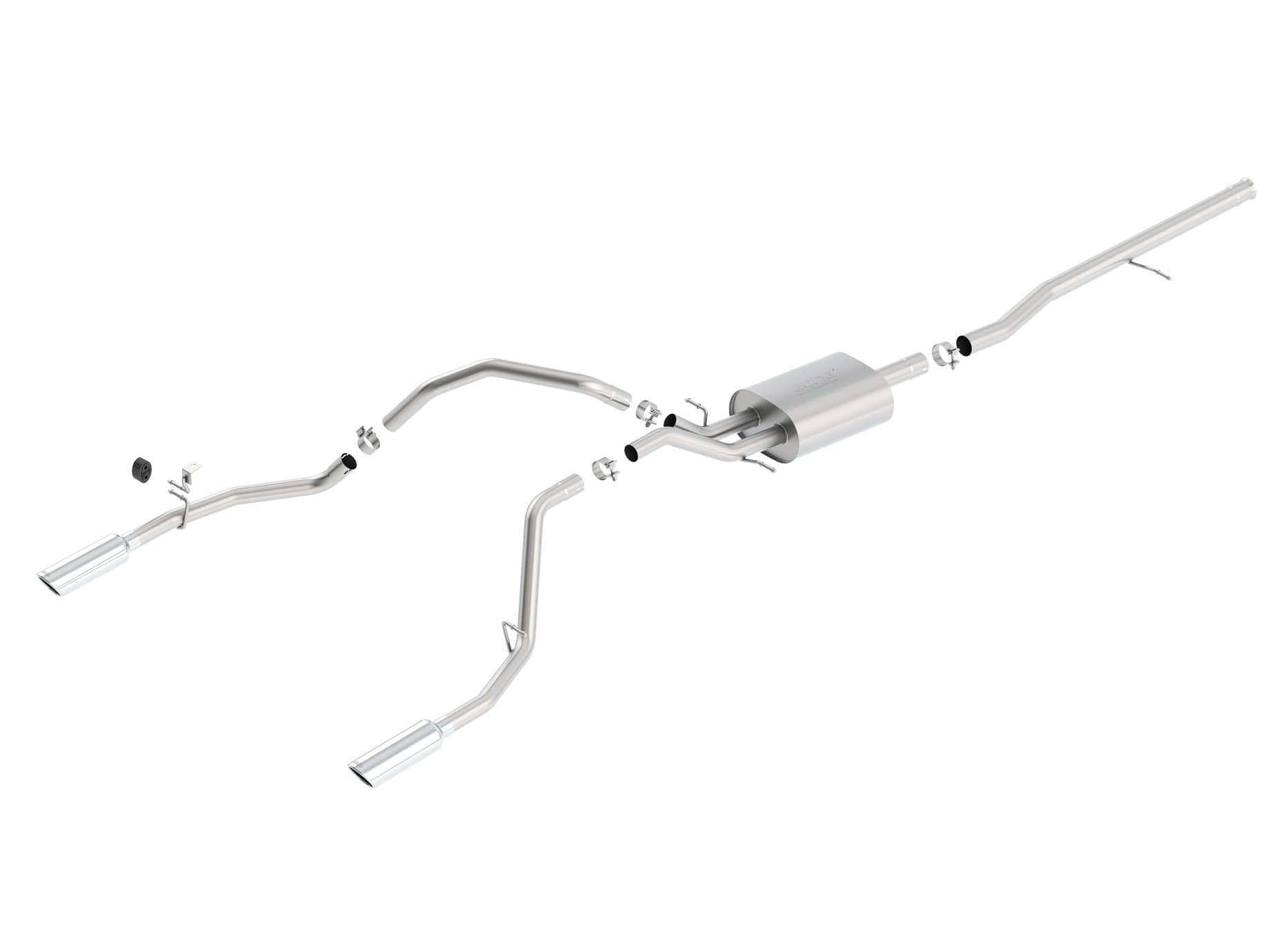 Borla exhaust system for 2014-2018 GM 1500 Extended/Crews 5.3L truck, showing polished metal pipes and muffler components.