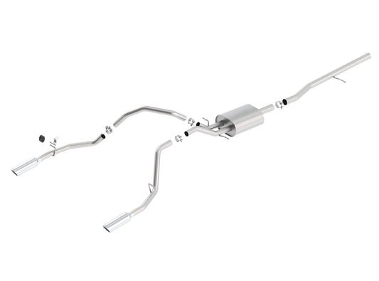 Borla exhaust system for 2014-2018 Chevy Silverado 1500 Crew/Ext 5.3L V8, showing polished exhaust pipes and muffler details.