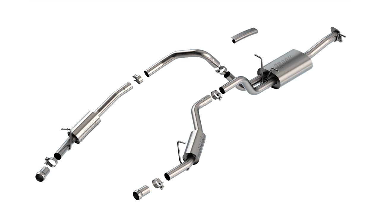 Borla S-Type exhaust system for 2025 Ram 1500 with 5'7" or 6'4" bed, 3.0L engine, showing polished exhaust pipes