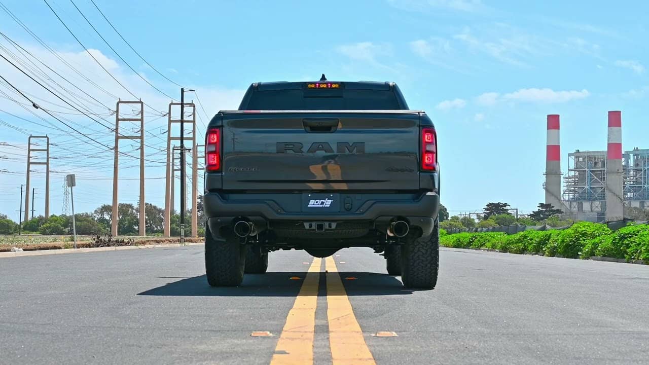 Borla S-Type exhaust system for 2025 Ram 1500 with 5'7" or 6'4" bed, 3.0L engine, showing polished exhaust tips and piping.