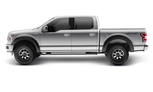 Bushwacker Flare set for 2018-2020 Ford F-150, durable fender flares with a sleek black finish on a pickup truck.