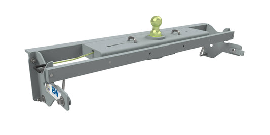 B&W Gooseneck Hitch for GM 1500 trucks, fits 5'10" and 6'7" beds, durable black metal construction, side view.