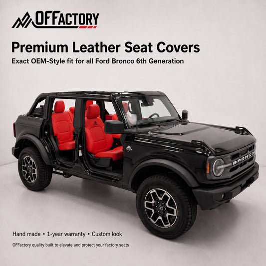 OFFactory OEM-style leather seat cover installed in a Ford Bronco, showcasing a sleek, custom-fit design for the vehicle's interior.