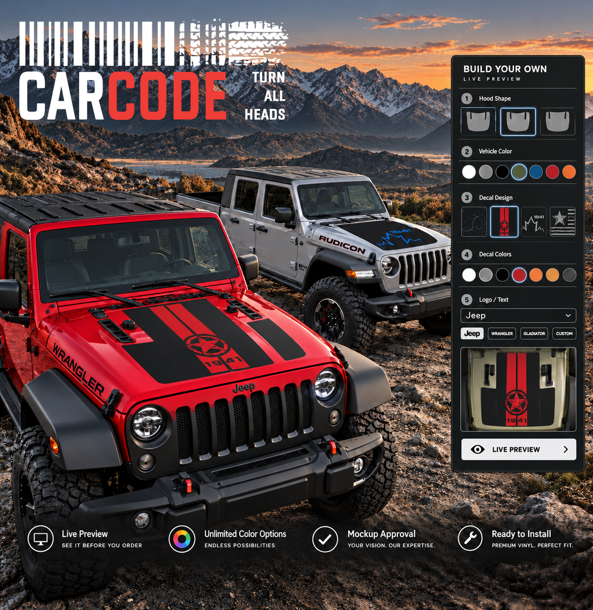 Custom OFFACTORY Carcode hood decal on Jeep Wrangler and Gladiator, featuring bold design on vehicle's hood.