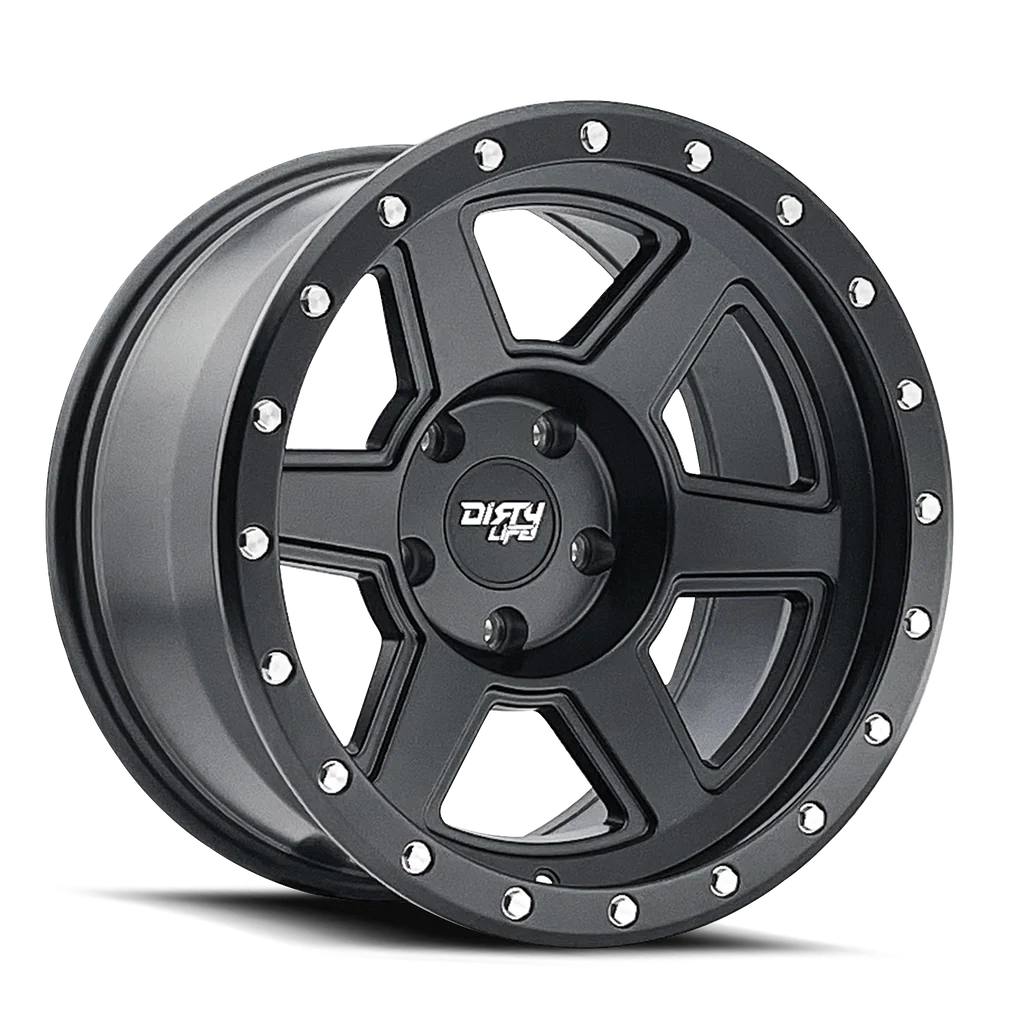 Dirty Life Compound 9315 matte black 17x9 inch off-road wheel by 4X4 Wavers with 5-127 bolt pattern and -12mm offset.