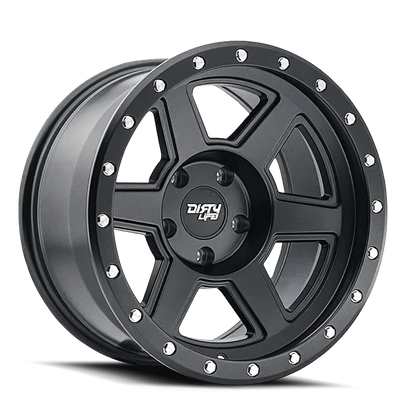 Dirty Life Compound 9315 matte black 17x9 inch off-road wheel by 4X4 Wavers with 5-127 bolt pattern and -12mm offset.