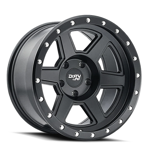 Dirty Life Compound 9315 matte black 17x9 inch off-road wheel by 4X4 Wavers with 5-127 bolt pattern and -12mm offset.