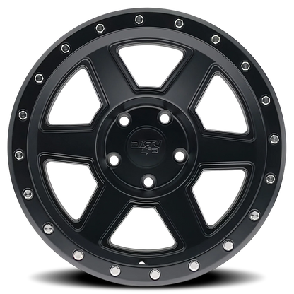 Dirty Life Compound 9315 matte black 17x9 inch off-road wheel with 5-127 bolt pattern, -12mm offset, 78.1mm center bore, by 4X4 Wavers