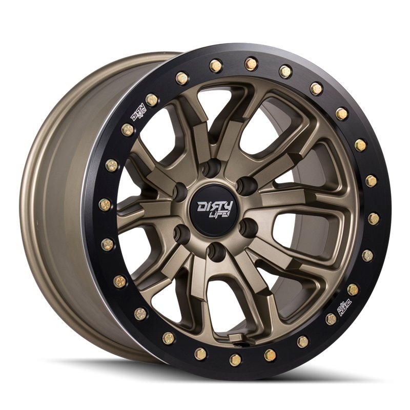 Dirty Life DT-1 9303 satin bronze 17x9 inch off-road wheel with 5-127 bolt pattern and -12mm offset, 78.1mm center bore.