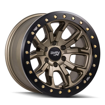 Dirty Life DT-1 9303 satin bronze 17x9 inch off-road wheel with 5-127 bolt pattern and -12mm offset, 78.1mm center bore.